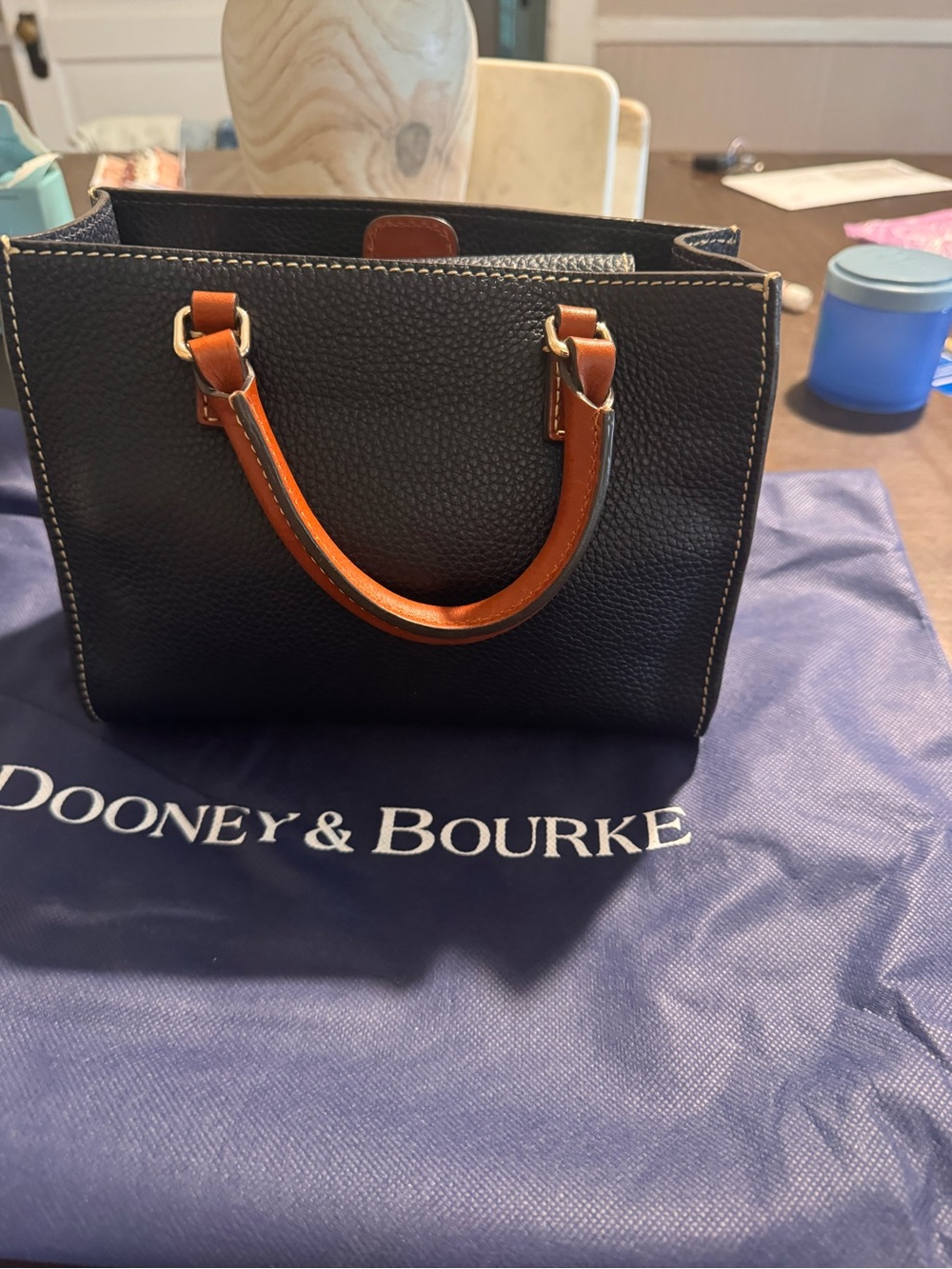 Dooney & Bourke Navy Pebble Grain Mini Zip Satchel with Tan Trim - Picture 4 of 4